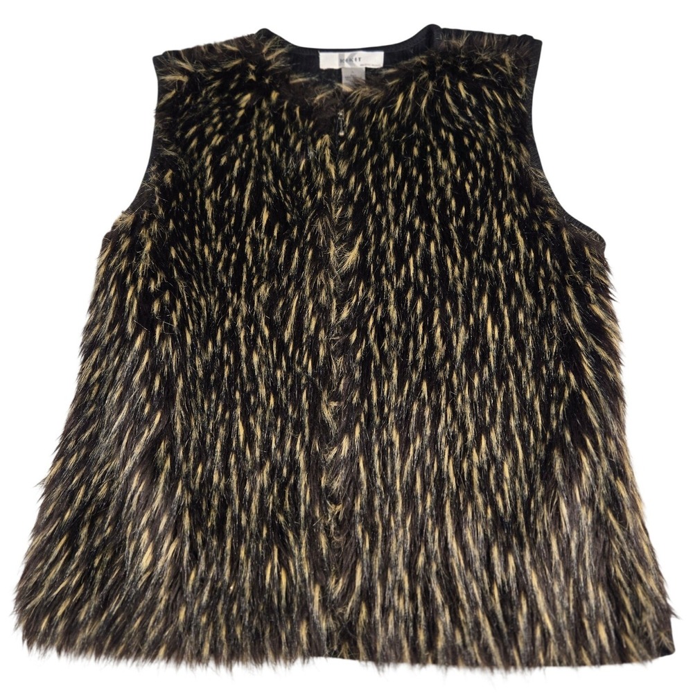 KIKIT Maurice Sasson Womens Faux Fur Front Ribbed Knit Back Zip Vest Black Large